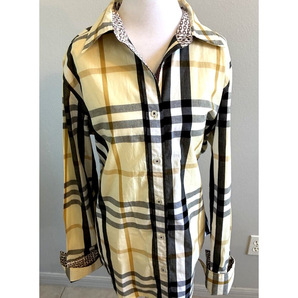Tizzie Button Down Shirt Plaid Stripe Chains Flip Cuffs Preppy Modern Luxury L - Picture 2 of 14